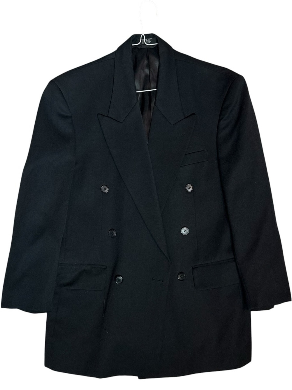 Men's Vintage 1990s Double-Breasted 3 Button Black Blazer with Peak Lapels